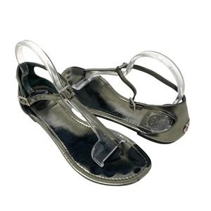 Tory Burch Distressed Leather Pewter T-Strap Thong Sandals - Size 9.5